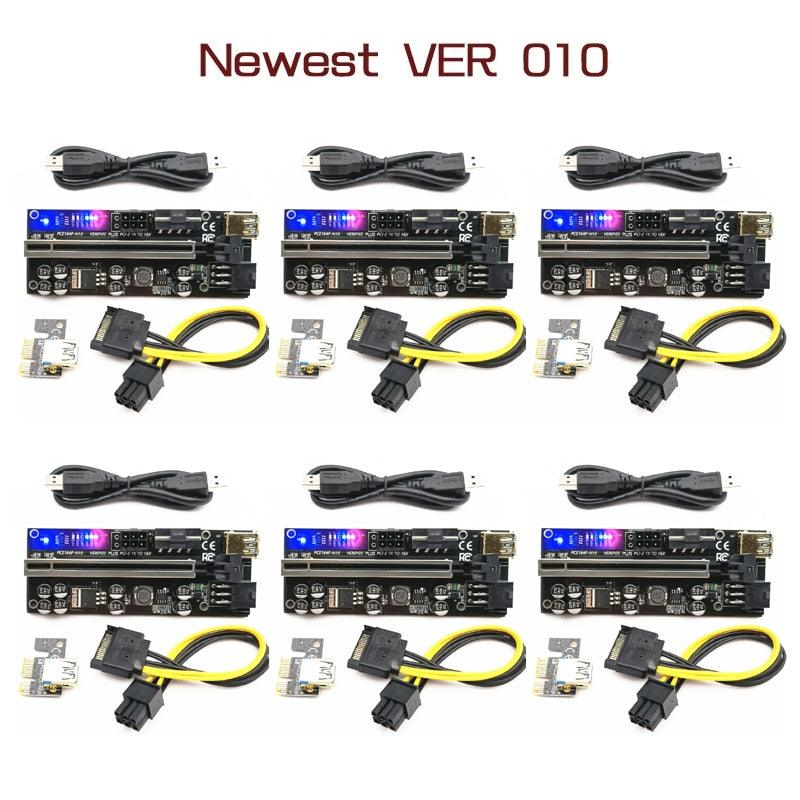 6pcs Riser 010 USB 3.0 PCIE Riser PCI Express X16 Extender Adapter 010S Plus GPU Riser Card SATA 15pin to 6pin Power Marquee LED - Mining Heaven